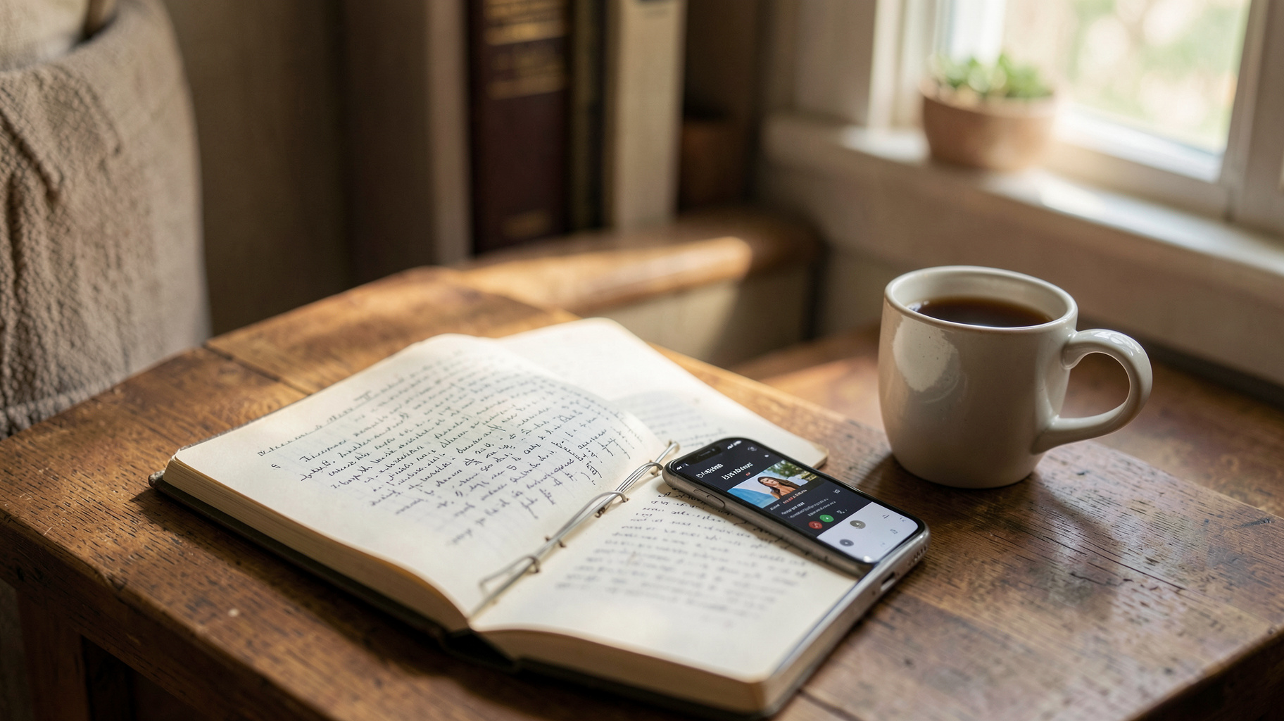 自宅の読書コーナーでスマートフォンのオーディオブックアプリとノートを並べている様子