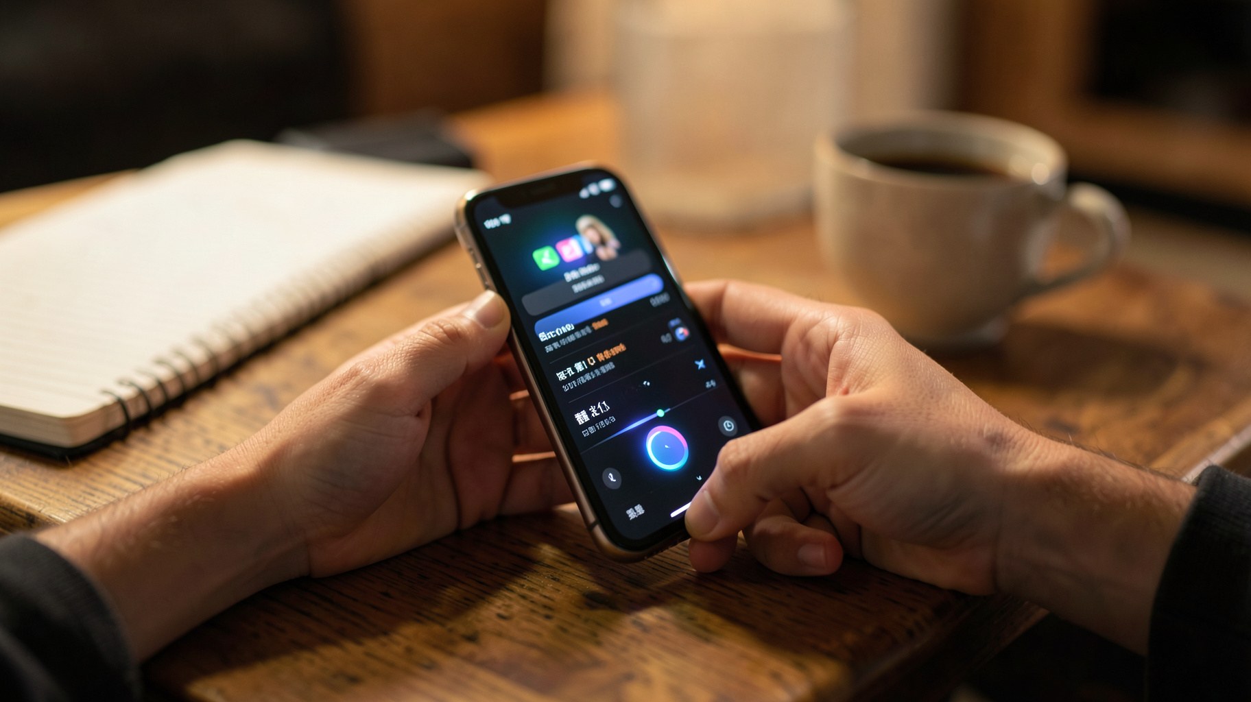 木製デスクに置かれたスマートフォンでオーディオブックアプリを操作する手元