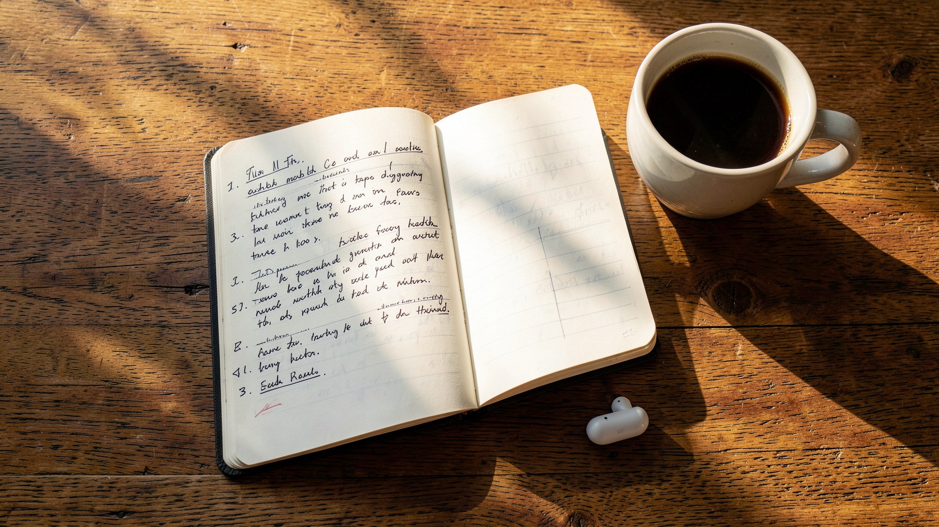朝の光の中でコーヒーカップと読書記録のノートが置かれた机
