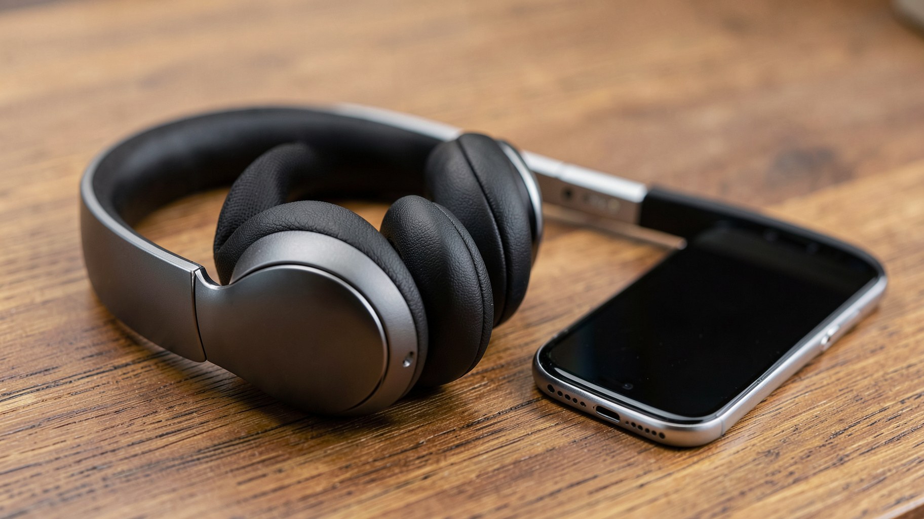 木製の机に置かれた高品質なワイヤレスイヤホンとスマートフォン